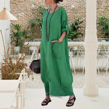 Indlæs billede til gallerivisning Ensfarvet lommekjole med rund hals Lang kjole