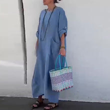 Indlæs billede til gallerivisning Ensfarvet lommekjole med rund hals Lang kjole