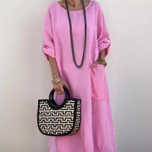 Indlæs billede til gallerivisning Ensfarvet lommekjole med rund hals Lang kjole