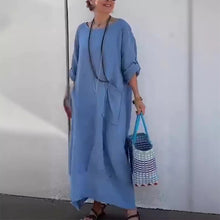 Indlæs billede til gallerivisning Ensfarvet lommekjole med rund hals Lang kjole