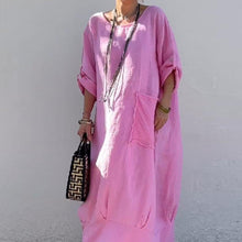 Indlæs billede til gallerivisning Ensfarvet lommekjole med rund hals Lang kjole