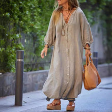 Indlæs billede til gallerivisning Minimalistisk lang kjole med V-hals i bomuld og hør til kvinder