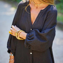 Indlæs billede til gallerivisning Minimalistisk lang kjole med V-hals i bomuld og hør til kvinder