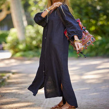 Indlæs billede til gallerivisning Minimalistisk lang kjole med V-hals i bomuld og hør til kvinder