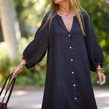 Indlæs billede til gallerivisning Minimalistisk lang kjole med V-hals i bomuld og hør til kvinder