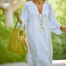 Indlæs billede til gallerivisning Minimalistisk lang kjole med V-hals i bomuld og hør til kvinder