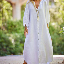 Indlæs billede til gallerivisning Minimalistisk lang kjole med V-hals i bomuld og hør til kvinder