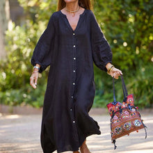 Indlæs billede til gallerivisning Minimalistisk lang kjole med V-hals i bomuld og hør til kvinder