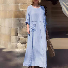 Indlæs billede til gallerivisning Langærmet fritidskjole i bomuld og hør med rund halsudskæring