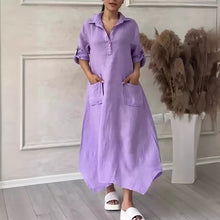 Indlæs billede til gallerivisning Kvinders bomuld hør Casual Lapel Pockets Lang kjole