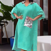 Indlæs billede til gallerivisning Maxikjole med hætte og pailletter i fiskeskæl