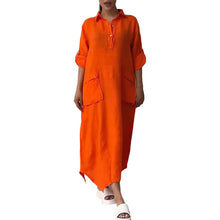 Indlæs billede til gallerivisning Kvinders bomuld hør Casual Lapel Pockets Lang kjole