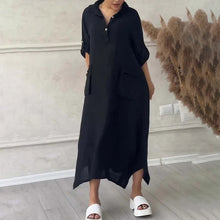 Indlæs billede til gallerivisning Kvinders bomuld hør Casual Lapel Pockets Lang kjole