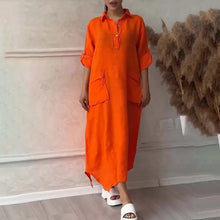 Indlæs billede til gallerivisning Kvinders bomuld hør Casual Lapel Pockets Lang kjole