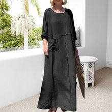 Indlæs billede til gallerivisning Langærmet fritidskjole i bomuld og hør med rund halsudskæring