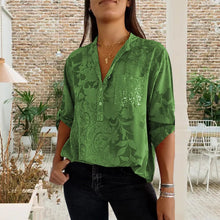 IndlĂŠs billede til gallerivisning V-hals trykt top med halv knap