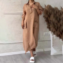 Indlæs billede til gallerivisning Kvinders bomuld hør Casual Lapel Pockets Lang kjole