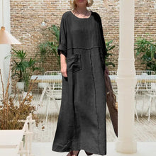 Indlæs billede til gallerivisning Langærmet fritidskjole i bomuld og hør med rund halsudskæring