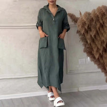 Indlæs billede til gallerivisning Kvinders bomuld hør Casual Lapel Pockets Lang kjole