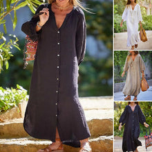 Indlæs billede til gallerivisning Minimalistisk lang kjole med V-hals i bomuld og hør til kvinder