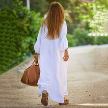 Indlæs billede til gallerivisning Minimalistisk lang kjole med V-hals i bomuld og hør til kvinder