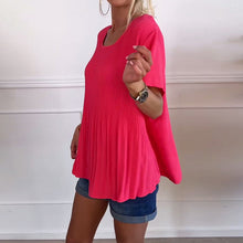 Indlæs billede til gallerivisning Ensfarvet plisseret bluse med rund hals