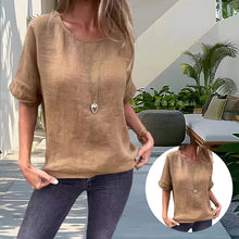 Indlæs billede til gallerivisning Løstsiddende T-shirt med halvlange ærmer i bomuld og hør