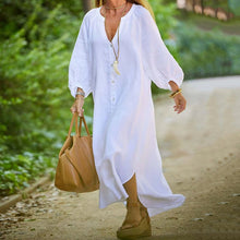 Indlæs billede til gallerivisning Minimalistisk lang kjole med V-hals i bomuld og hør til kvinder