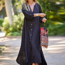 Indlæs billede til gallerivisning Minimalistisk lang kjole med V-hals i bomuld og hør til kvinder