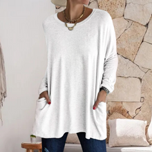 Indlæs billede til gallerivisning Ensfarvet, langærmet T-shirt med rund hals og lomme