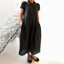 Indlæs billede til gallerivisning Ensfarvet løs kjole i bomuld med rund hals