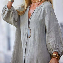 Indlæs billede til gallerivisning Minimalistisk lang kjole med V-hals i bomuld og hør til kvinder