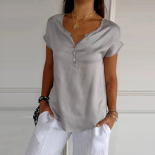 Indlæs billede til gallerivisning T-shirt med V-hals og korte, glatte ærmer
