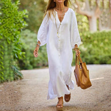 Indlæs billede til gallerivisning Minimalistisk lang kjole med V-hals i bomuld og hør til kvinder