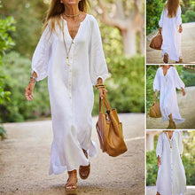 Indlæs billede til gallerivisning Minimalistisk lang kjole med V-hals i bomuld og hør til kvinder
