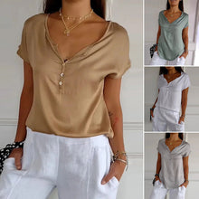 Indlæs billede til gallerivisning T-shirt med V-hals og korte, glatte ærmer