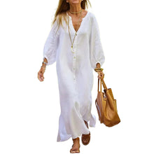 Indlæs billede til gallerivisning Minimalistisk lang kjole med V-hals i bomuld og hør til kvinder