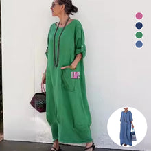 Indlæs billede til gallerivisning Ensfarvet lommekjole med rund hals Lang kjole