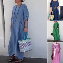 Indlæs billede til gallerivisning Ensfarvet lommekjole med rund hals Lang kjole