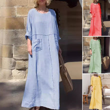 Indlæs billede til gallerivisning Langærmet fritidskjole i bomuld og hør med rund halsudskæring