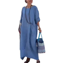 Indlæs billede til gallerivisning Ensfarvet lommekjole med rund hals Lang kjole