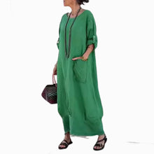 Indlæs billede til gallerivisning Ensfarvet lommekjole med rund hals Lang kjole
