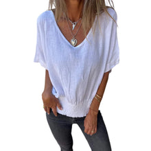 Indlæs billede til gallerivisning V-hals bomulds-hør-top med smock forneden - Forsalg