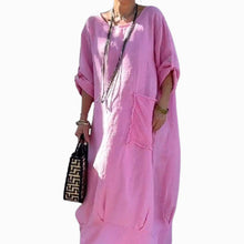 Indlæs billede til gallerivisning Ensfarvet lommekjole med rund hals Lang kjole