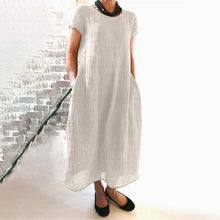 Indlæs billede til gallerivisning Ensfarvet løs kjole i bomuld med rund hals