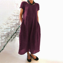 Indlæs billede til gallerivisning Ensfarvet løs kjole i bomuld med rund hals