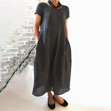 Indlæs billede til gallerivisning Ensfarvet løs kjole i bomuld med rund hals