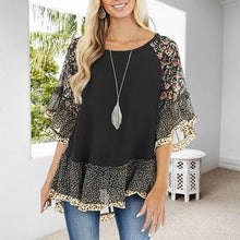 Indlæs billede til gallerivisning Doll sleeve colorblock leopard print mid sleeve T-shirt