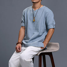 Indlæs billede til gallerivisning Herre langærmet V-hals linned løs skjorte