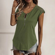 Indlæs billede til gallerivisning Women's Round Neck Half Zip Lace Short Sleeve T-Shirt